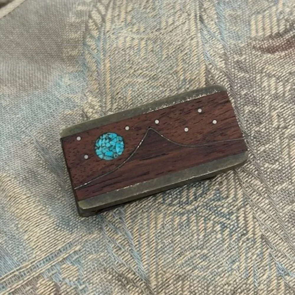 KENNETH REED Wood Brass Turquoise Inlay MONEY CLIP